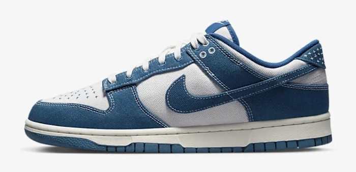 Side view of blue and white Nike Dunk sneaker.